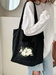 女士托特包，纯色手提包，大容量，礼品，DIY，生日礼物，旅行，上学，万圣节，圣诞节，可定制照片，可定制名字，适合旅行，旅行必备，女士手提包，小口袋，送给女朋友、妈妈、母亲节的礼物 - 黑色 - 查看 2