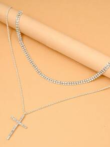2pcs Rhinestone Cross Charm Necklace Copper Jewelry