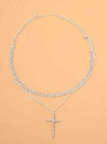 2pcs Rhinestone Cross Charm Necklace Copper Jewelry