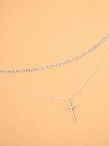 2pcs Rhinestone Cross Charm Necklace Copper Jewelry