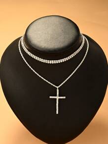 2pcs Rhinestone Cross Charm Necklace Copper Jewelry