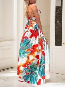 Vestido de muslo con abertura con estampado tropical de espalda abierta con nudo de cuello halter - Blanco - Ver 5