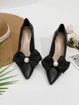1 Pair Apricot Silk Bow With Pearl Shoe Clips, Detachable Fashionable Shoe Decorations, Versatile For Women