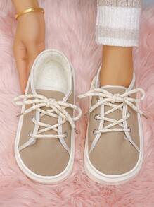 Dimensiuni plus mari Moda pentru femei în aer liber/interioară Bej Cravată groasă de frânghie Căptușeală de pluș Moale, confortabil, Anti-alunecare, Papuci pufosi pentru toamnă/iarnă, pantofi ușori pentru acasă