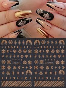 2 Sheets Gold Glitter Powder Snowflake Nail Art Stickers Star Moon 3D Self Adhesive Gold Snowflake Nail Decals Xmas Nail Supplies Manicure Sliders