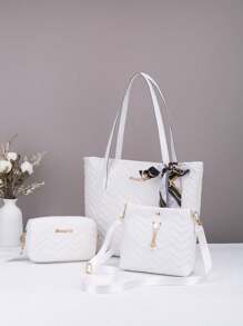 3 件套：双层波浪绗缝单肩手提包，配套迷你方形单肩包和带猫吊坠的水桶包，适合女孩和女士在多种场合穿着