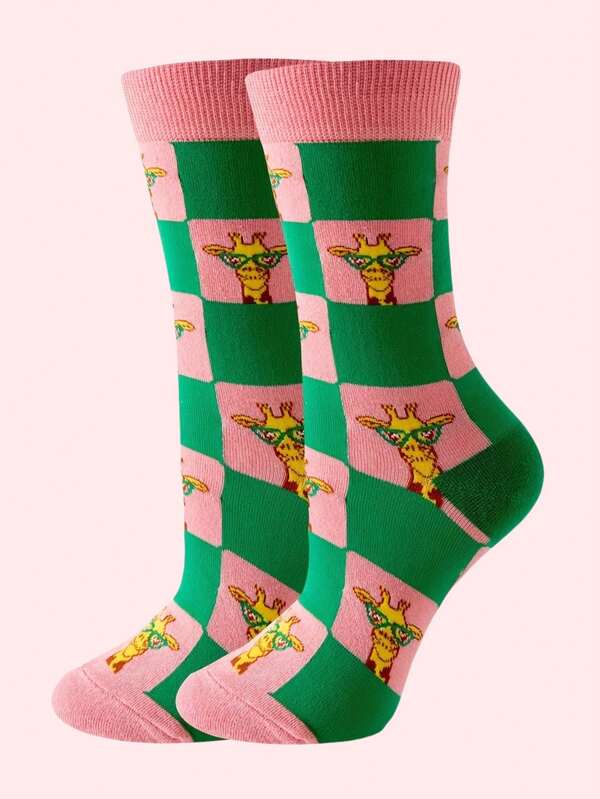 1 Double Color Plaid Cartoon Giraffe Socks Comfortable Breathable Women's Mid-Tube Socks For All Seasons