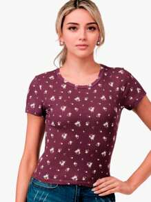 Camiseta Top Manga Corta Cuello Redondo Floral - Vino - Ver 1