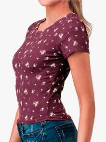 Camiseta Top Manga Corta Cuello Redondo Floral - Vino - Ver 4