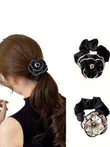 1 pieza Accesorio para el cabello de mujer Lazo para el pelo de satén con flor de camelia
