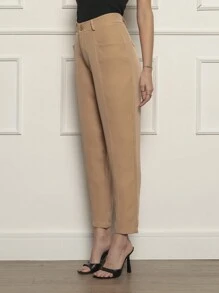 Women's Straight Trousers With Front Pocket And Fake Back Pocket - Tailoring Fabric - 鏽棕色 - 查看 3