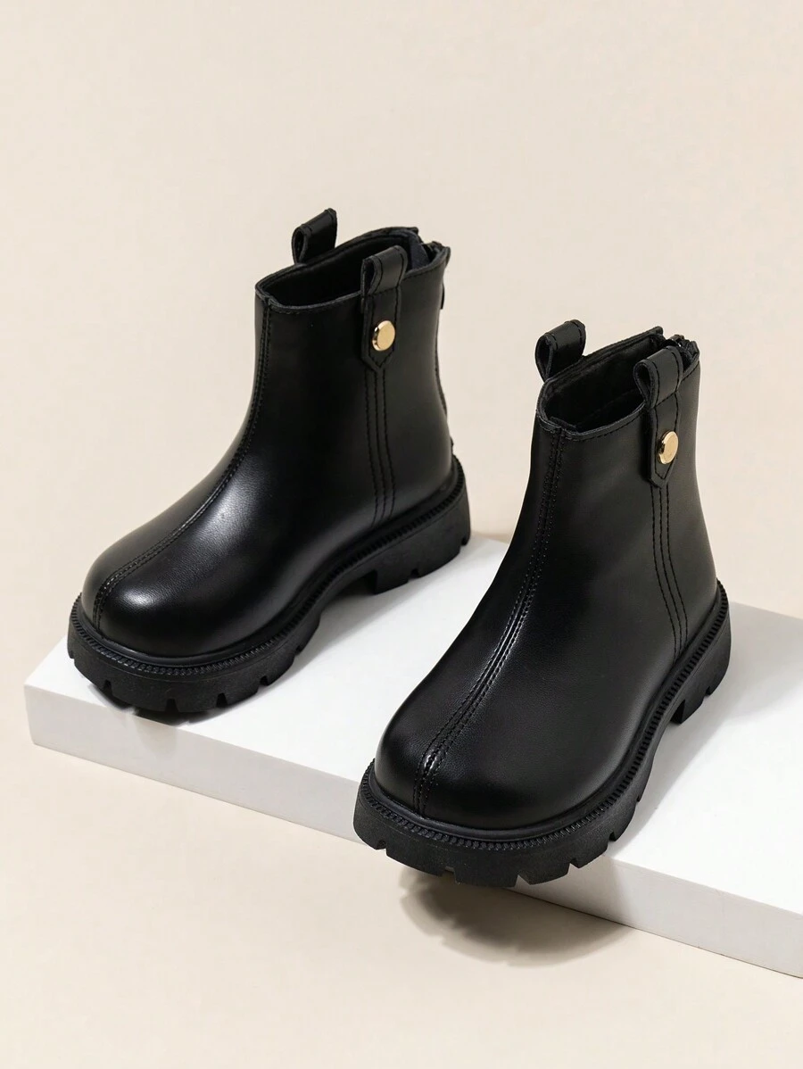 女童靴子秋冬儿童短靴短靴秋冬宝宝女孩真皮靴子靴子短靴 - 黑色 - 查看 1