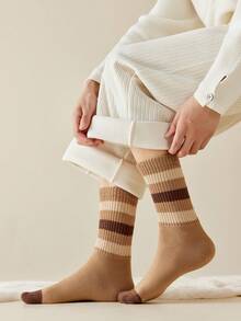 6 双条纹中筒袜，梅拉德色，男女通用长袜，带保暖内衬，温暖复古风格情侣袜 - 彩色 - 查看 8