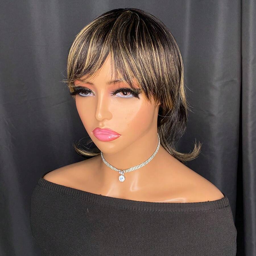 Short Pixie Cut Wigs With Bangs Dovetail Straight Highlight Blonde Remy