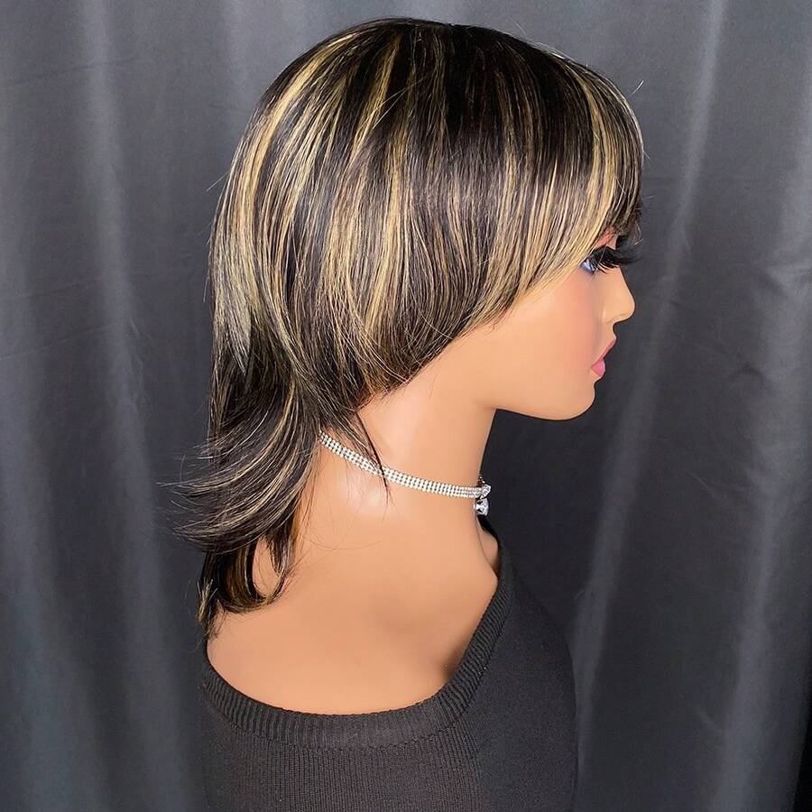 Short Pixie Cut Wigs With Bangs Dovetail Straight Highlight Blonde Remy