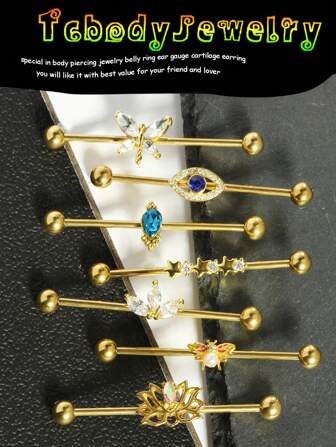 Conjunto de 1-7 piezas de pendientes industriales dorados de 38 mm de acero inoxidable de 14G con barra, mariposa y strass para perforaciones industriales, cartílago, hélix para mujeres y hombres, para fiestas y uso diario