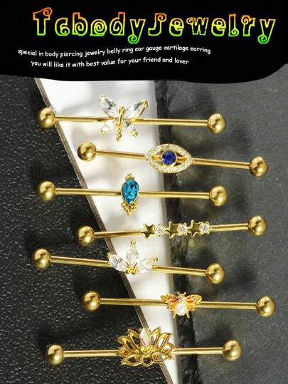 1-7 peças/conjunto brincos industriais dourados barra de andaime 38 mm aço inoxidável 14G borboleta strass industrial piercing joias para mulheres homens cartilagem hélice barra industrial para festa uso diário