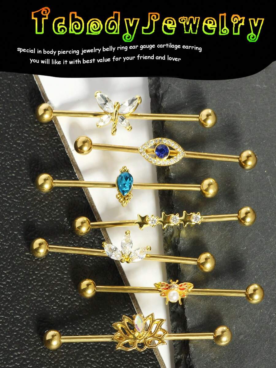 1-7 件/套金色工业耳环脚手架杆 38 毫米不锈钢 14G 蝴蝶水钻工业穿孔首饰男女软骨螺旋工业杠铃适合派对日常佩戴 - industrial earring - 查看 1