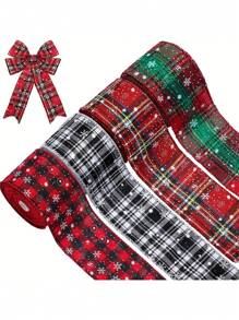 1条圣诞格子带铁丝边丝带，装饰性布艺丝带，适用于节日礼物包装、圣诞树装饰、房间装饰、家居装饰、办公室装饰、主题派对装饰、圣诞装饰、圣诞丝带、圣诞装饰品、冬季圣诞装饰、家居圣诞礼物、圣诞装饰