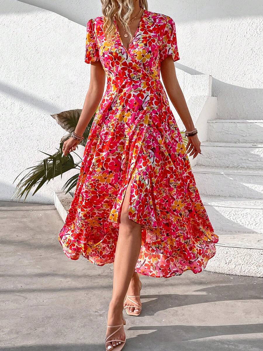 Women's Summer Wrap Maxi Dress Casual Boho Floral V Neck Short Sleeve ...