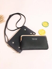Thời trang Vải Litchi-Kết cấu Chuỗi Trang trí Khóa kéo Nội thất Ví Điện thoại PhShoulder Bag Với Dây đeo Có thể điều chỉnh Ví đeo tay Túi đựng điện thoại Cover - màu đen - Xem 7