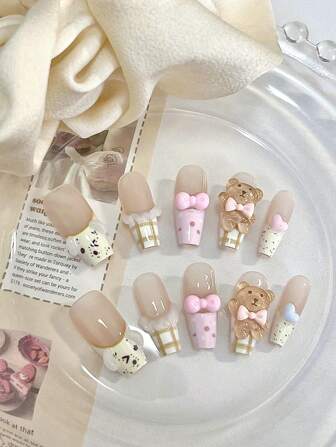 Valentines Nails 10 Long Coffin Nail Cartoon Cute Theme Nail Art Brown Bear, Pink Bow, Romantic French Side Graphic Design Hand Nail Nail Nail False Piece Can Be Disassembled And Reused, Suitable For Ladies, Girls In The Stage, Prom, Party Scene Use, With 1 Piece Of Jelly Roll 1 Piece Press On Nails Nail Supplies Nails