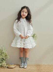少女花卉荷叶边褶皱长袖A字连衣裙，春季 - 白色 - 查看 5
