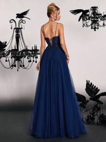 VIPGIRL Split Thigh Sequin Prom Dress Elegant Formal Evening Wedding Guest Gown, For Graduation, Dinner Party Dress - Navy Blue - View 2