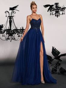 VIPGIRL Split Thigh Sequin Prom Dress Elegant Formal Evening Wedding Guest Gown, For Graduation, Dinner Party Dress - Navy Blue - View 4