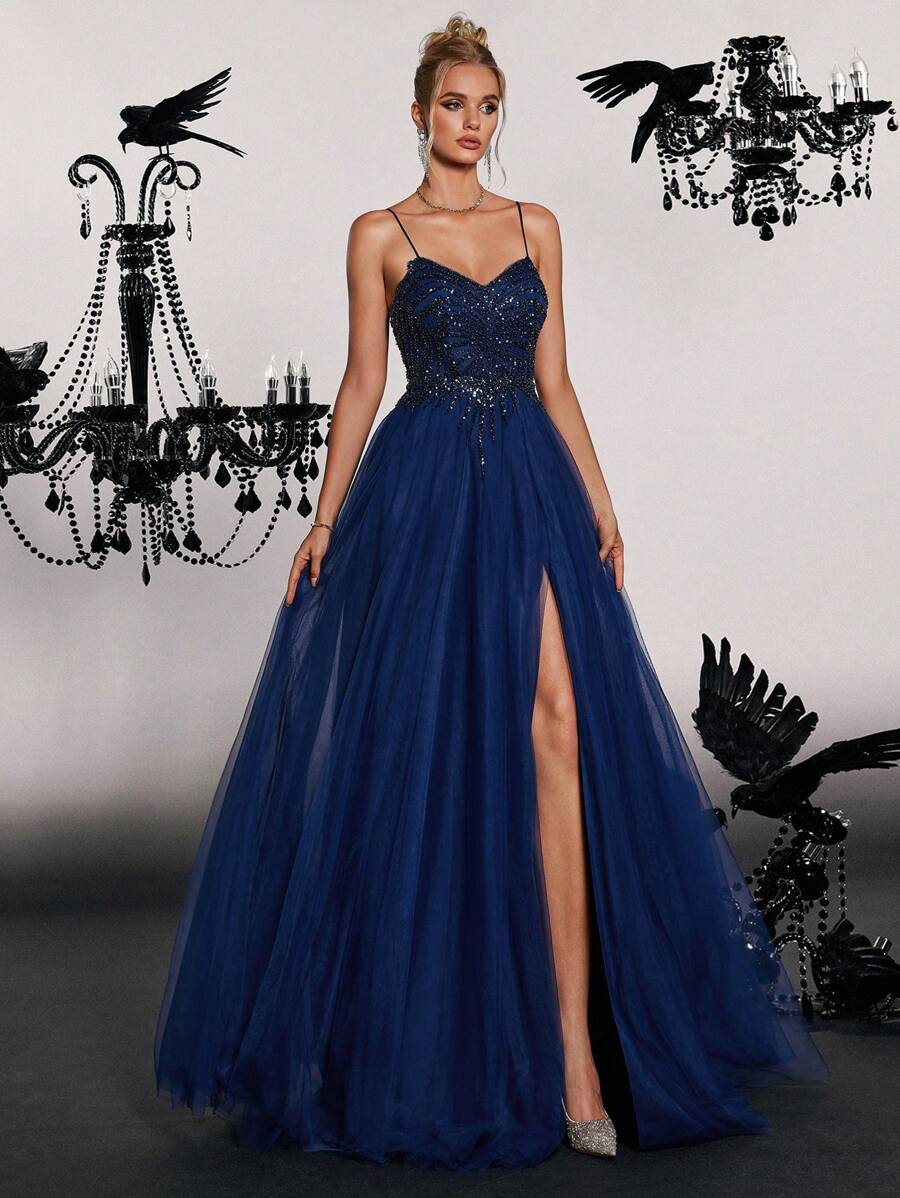 VIPGIRL Split Thigh Sequin Prom Dress Elegant Formal Evening Wedding Guest Gown, For Graduation, Dinner Party Dress - Navy Blue - View 1