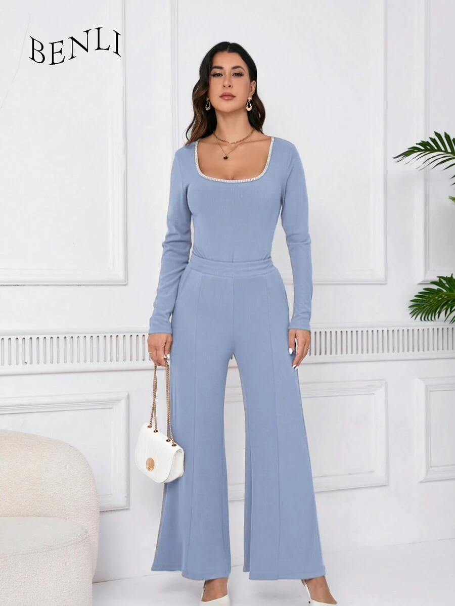 Women's Autumn Solid Color Simple Leggings And Pants Set With Pockets 2 Piece Outfit - Dusty Blue - View 1