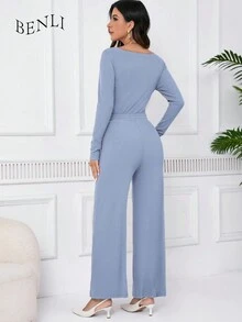 Women's Autumn Solid Color Simple Leggings And Pants Set With Pockets 2 Piece Outfit - Dusty Blue - View 4