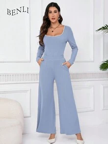 Women's Autumn Solid Color Simple Leggings And Pants Set With Pockets 2 Piece Outfit - Dusty Blue - View 5