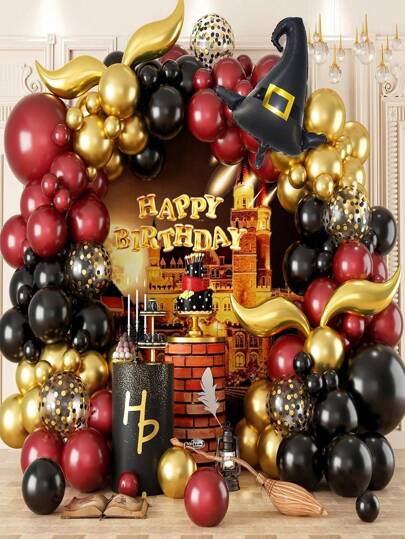 Set da 118 pezzi per arco di palloncini a tema scuola di magia, palloncini in lattice e palloncini a forma di cappello da strega rosso bordeaux, nero e oro, ideale per Ognissanti, festival di ottobre, Dia de los Muertos, Pasqua, decorazione per San Nicola, feste di compleanno e carnevale, adatto a bambini di 14 anni e oltre - palloncini in lattice per raduni magici senza elettricità, Natale