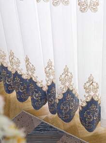 1pc Luxury Elegant Embroidered Sheer Curtain For Living Room & Bedroom - Blue - View 6