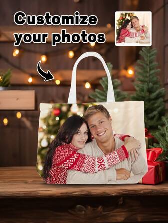 1 pieza Bolsa con foto de Navidad personalizada con fondo con vela, impresión de transferencia de calor personalizada de doble cara, bolsa de compras reutilizable, sin cremallera, sin forro, lavar a mano, bolsa de lona con temática navideña, adecuada para regalos de Navidad, Acción de Gracias, cumpleaños, regalos navideños perfectos para amigos y familiares, disponible en dos tamaños
