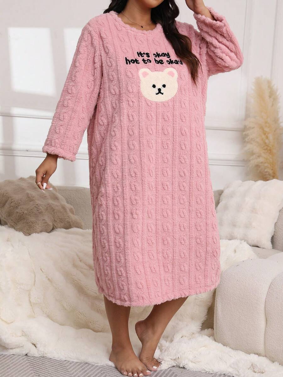 Pijama vestido de manga larga con estampado de perro jacquard, acolchado y con forro polar, ropa de casa suave para mujer de talla grande