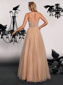 Rhinestone Detail Split Thigh Mesh Formal Dress Elegant Prom Evening Wedding Guest Gown, For Graduation, Dinner - Brown - View 2