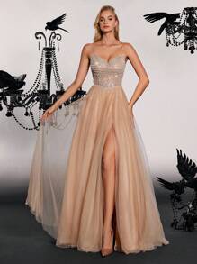 Rhinestone Detail Split Thigh Mesh Formal Dress Elegant Prom Evening Wedding Guest Gown, For Graduation, Dinner - Brown - View 1