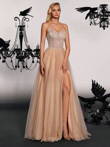Rhinestone Detail Split Thigh Mesh Formal Dress Elegant Prom Evening Wedding Guest Gown, For Graduation, Dinner - Brown - View 3