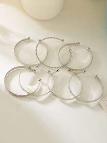 7pcs/Set Exaggerated & Personalized Hammered Hexagram Twisted Cuff Bangles - Silver - View 4