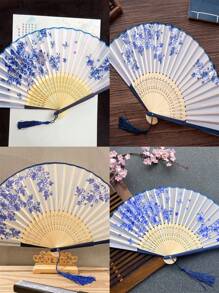 1 pieza Abanico de mano con estampado floral para fiestas, abanico decorativo plegable chino, abanico de baile, mejor regalo para decoración del hogar