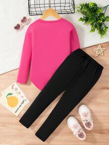 女孩兔子图案长袖圆领上衣 + 纯色打底裤 - 玫紅色 - 查看 2