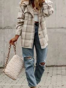 Ladies' Casual Plaid Long Sleeve Shirt, Spring Autumn - Khaki - View 2