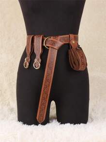 4PCS Renaissance Embossed Medieval Belts & Skirt Hike Retro Viking Drawstring Wallets Cosplay Props Summer, School Fall, Autumn, Halloween - Brown - View 2