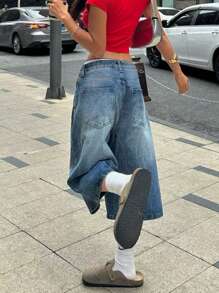 Y2K 复古水洗猫须口袋阔腿百慕大牛仔短裤，休闲七分裤