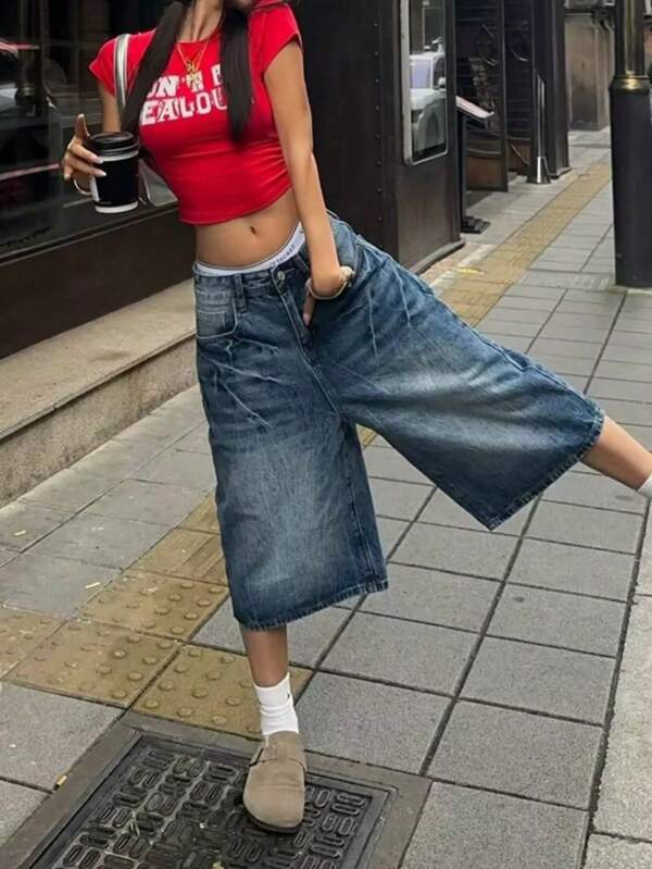 Y2K Street Vintage Washed Cat Whiskered Pocket Style Wide Leg Bermuda Jeans Denim Jorts Casual Shorts Cropped Trousers