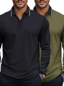 2pcs Set Men Polo Collar Long Sleeve Solid Color Casual Sports Shirt, Spring & Autumn - Multicolor - View 1