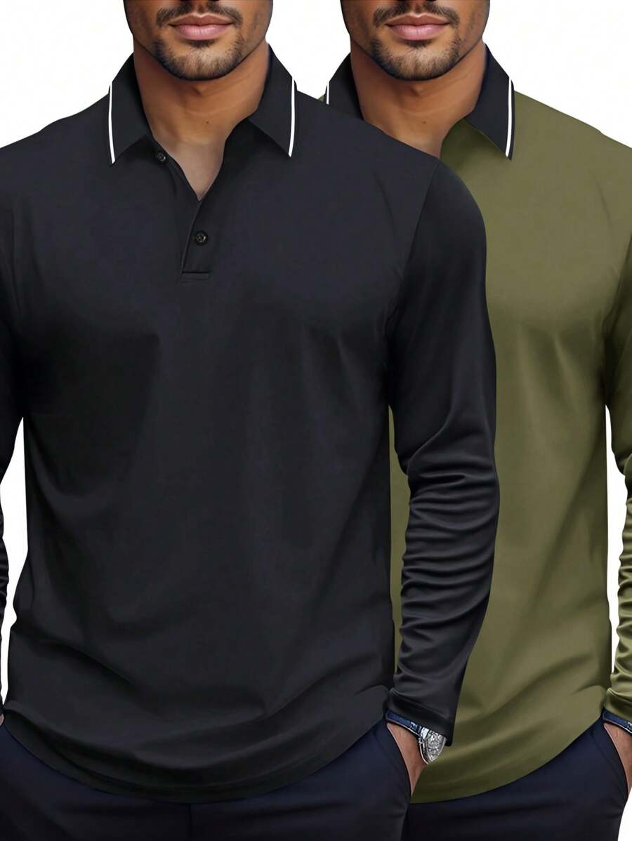2pcs Set Men Polo Collar Long Sleeve Solid Color Casual Sports Shirt, Spring & Autumn - Multicolor - View 1