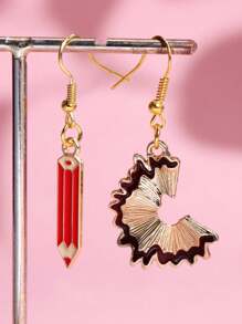 1 对可爱创意金属铅笔屑不对称吊坠耳环，送给教师的礼物，女士珠宝 - 紅色 - 查看 2